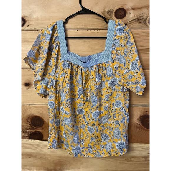 Nautica Women's XL Yellow & Blue Floral Square Neck Blouse - Picture 1 of 7
